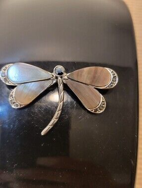 Monet Abalone Shell Dragonfly Brooch Silver Tone Black Rhinestone